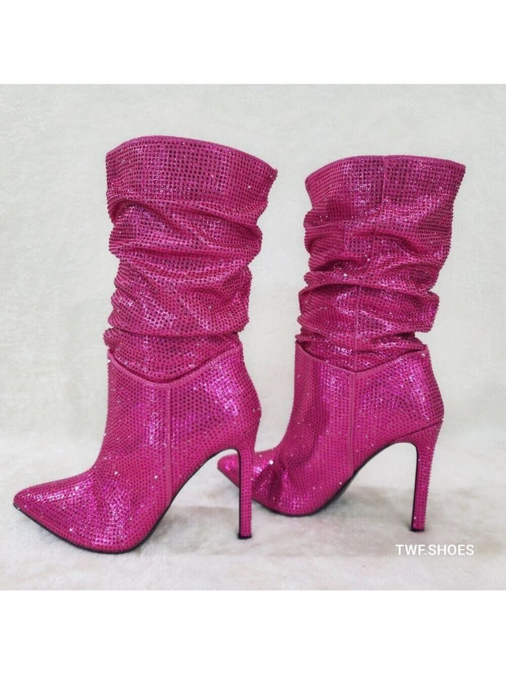 Radiant Fuchsia Pink Rhinestone High Heel Slouch Mid Calf Pull On Boots